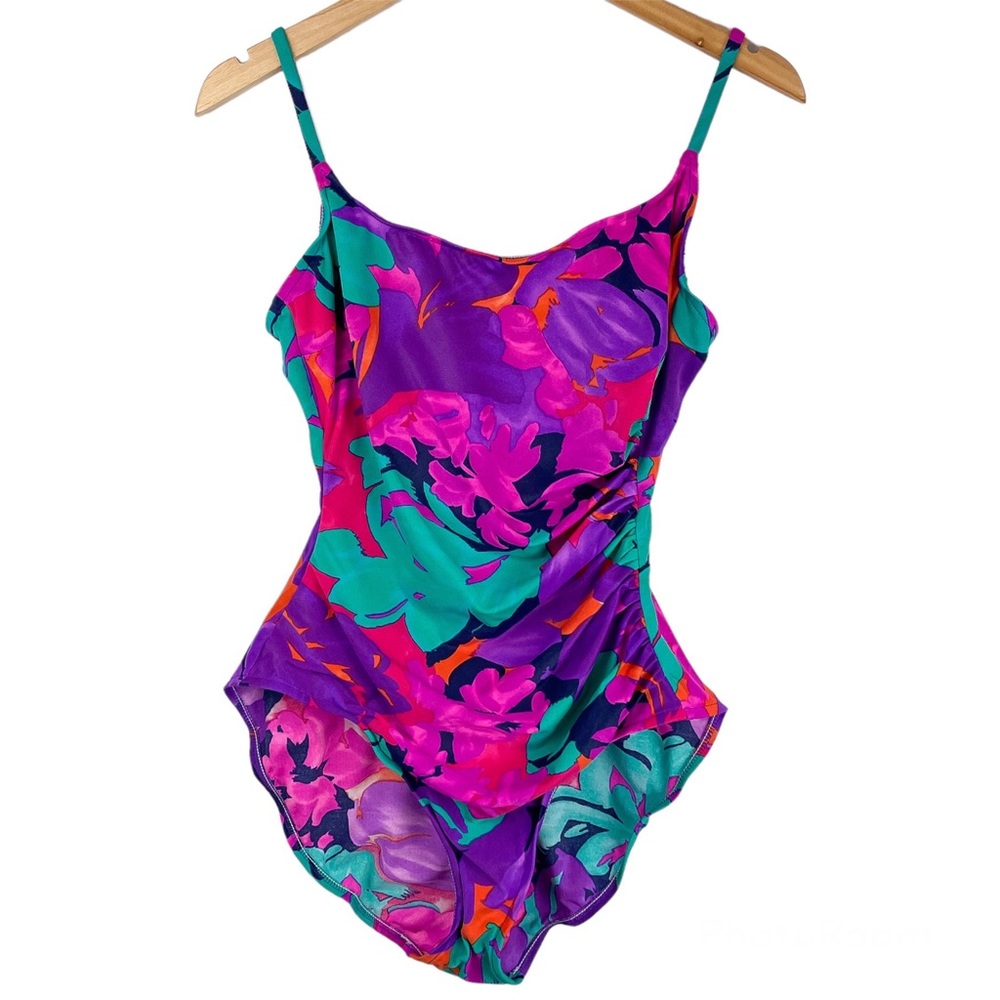 Vtg Y2K Abstract Swim One Piece Sz 16 High Cut Neon Floral Print Ruched